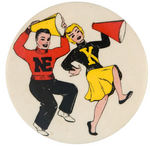 PAIR OF HIGH SCHOOL GRAPHIC CHEERLEADER BUTTONS.