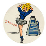 PAIR OF HIGH SCHOOL GRAPHIC CHEERLEADER BUTTONS.