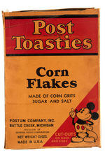 MICKEY MOUSE "POST TOASTIES CORN FLAKES" CEREAL BOX WITH "MICKEY'S VAUDEVILLE SHOW" CUT-OUTS.