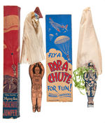 WWII “PARACHUTE” RELATED LOT OF FOUR BOXED PLAYTHINGS & SCHOOL BAG.