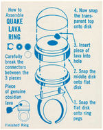 "QUAKE LAVA RING" WITH INSTRUCTION CARD AND CEREAL BOX CARD.