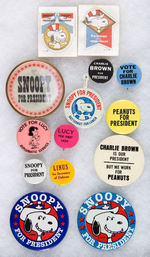 PEANUTS CHARACTERS FOR PRESIDENT AND OTHER OFFICES BUTTONS, SMALL STICKERS, LARGE STICKER.