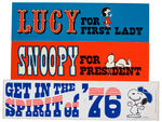 PEANUTS CHARACTERS FOR PRESIDENT AND OTHER OFFICES BUTTONS, SMALL STICKERS, LARGE STICKER.