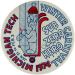"THE SIMPSONS" LARGE 6" BUTTON PLUS HIS LOOK-ALIKE ANCESTOR ON 1974 SCHOOL BUTTON.