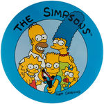"THE SIMPSONS" LARGE 6" BUTTON PLUS HIS LOOK-ALIKE ANCESTOR ON 1974 SCHOOL BUTTON.