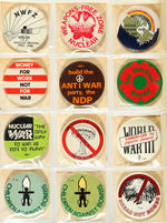 CANADIAN PEACE AND ANTI-WAR 89 BUTTONS FROM 1980s AND LEVIN COLLECTION.