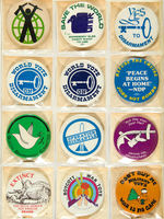 CANADIAN PEACE AND ANTI-WAR 89 BUTTONS FROM 1980s AND LEVIN COLLECTION.