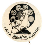 RADIO PROMO BUTTON WITH MOTHER GOOSE-LIKE CHARACTER AND BLACK CHILDREN