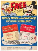 GENERAL FOODS BREAKFAST CEREAL DISPLAY SIGN FEATURING MICKEY MOUSE/DONALD DUCK.