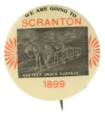 COAL MINERS AND MULES “460 FEET UNDER SURFACE” 1899 BUTTON FROM HAKE COLLECTION.