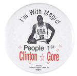 CLASSIC 1992 “CLINTON/GORE” BUTTON FEATURING ENDORSEMENT BY MAGIC JOHNSON.