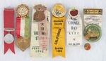 RIBBON BADGES AND RELATED GROUP OF EIGHT PIECES FOR 1904, 1905, 1909, 1915 EXPOSITIONS.