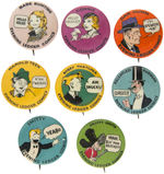 EIGHT BEAUTIFULLY COLORED BUTTONS FROM 1930s EVENING LEDGER COMICS SET.