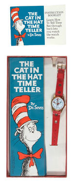 "THE CAT IN THE HAT TIME TELLER BY DR. SEUSS" BOXED WRIST WATCH WITH BOOK AND RARE SEE-THROUGH BACK.