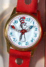 "THE CAT IN THE HAT TIME TELLER BY DR. SEUSS" BOXED WRIST WATCH WITH BOOK AND RARE SEE-THROUGH BACK.