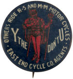 R-S & M-M MOTORCYCLES RARE BUTTON WITH DEVIL REBUS.