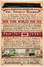 1939 NEW YORK WORLD'S FAIR "RAILROADS ON PARADE" LINEN-MOUNTED POSTER.