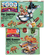 MATTEL FOOD FIGHTERS SET OF TEN FIGURES ON CARDS AND TWO VEHICLES.