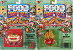 MATTEL FOOD FIGHTERS SET OF TEN FIGURES ON CARDS AND TWO VEHICLES.