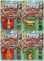 MATTEL FOOD FIGHTERS SET OF TEN FIGURES ON CARDS AND TWO VEHICLES.