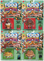 MATTEL FOOD FIGHTERS SET OF TEN FIGURES ON CARDS AND TWO VEHICLES.