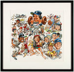 JACK DAVIS FRAMED FULL COLOR ORIGINAL ART WITH VARIOUS BASEBALL STARS.