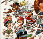 JACK DAVIS FRAMED FULL COLOR ORIGINAL ART WITH VARIOUS BASEBALL STARS.