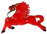 BAKELITE CARVED RED HORSE WITH GIMP REINS AND GLASS EYE CIRCA 1940.