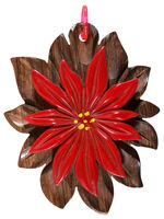 BAKELITE CARVED POINSETTIA ON CARVED WOOD PENDANT.