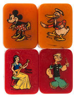 MINNIE, LONG-BILLED DONALD, SNOW WHITE, AND POPEYE CATALIN PLASTIC PENCIL SHARPENERS.