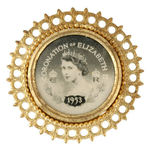 "CORONATION OF ELIZABETH 1953" BADGE IN ORNATE BRASS FRAME.