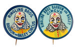 PAIR OF RINGLING CIRCUS BUTTONS IN LITHO AND CELLO.