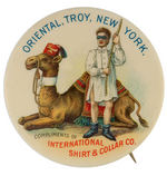 "INTERNATIONAL SHIRT & COLLAR CO." AD BUTTON WITH BIZARRE RITUAL SCENE AND GREAT COLOR.