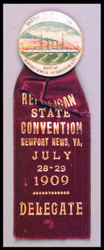 VIRGINIA 1909 GOP CONVENTION RIBBON BADGE W/ BATTLESHIP BUTTON.