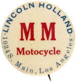 RARE LOS ANGELES DEALER BUTTON FOR "M M MOTOCYCLE."