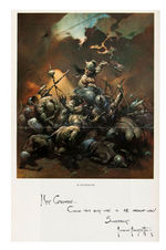 “FRANK FRAZETTA THE DESTROYER” CALENDAR PAGE AUTOGRAPHED TO POGO CARTOONIST.