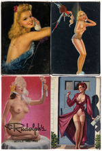 FOUR CELLULOID PIN-UP MIRRORS PLUS TIN LITHO MECHANICAL FLIP.