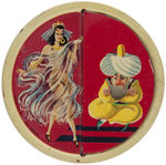 FOUR CELLULOID PIN-UP MIRRORS PLUS TIN LITHO MECHANICAL FLIP.