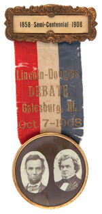 LINCOLN AND DOUGLAS DEBATES 50TH ANNIVERSARY RIBBON BADGE.