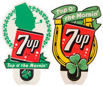 "7 UP" DIE-CUT FOUR PIECE BOTTLE TOPPER LOT & EASEL BACK COUNTER SIGN.