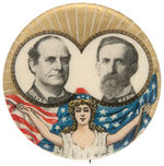 “BRYAN/KERN” JUGATE WITH MISS LIBERTY AND FLAG 1908 BUTTON.