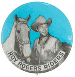 "ROY ROGERS RIDERS" CLUB BUTTON WITH SCARCE BLUE BACKGROUND FROM HAKE COLLECTION.