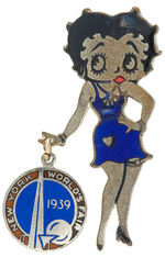 BETTY BOOP ENAMEL ON BRASS PIN WITH "NEW YORK WORLD'S FAIR 1939" CHARM.