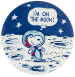 CLASSIC, SCARCE AND HISTORIC MOON LANDING BUTTON FEATURING SNOOPY FROM 1969.