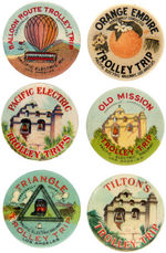 LOS ANGELES PACIFIC ELECTRIC RAILWAY GROUP OF SIX COLORFUL BUTTONS.