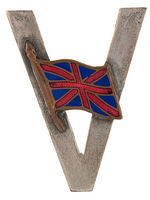 FOUR VICTORY PINS WITH BRITISH SYMBOLS.