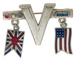 FOUR VICTORY PINS WITH BRITISH SYMBOLS.