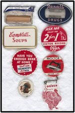 EIGHT RARE ADVERTISING BADGES WITH MANY FAMOUS COMPANY NAMES.