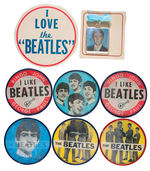 BEATLES LARGE BUTTON, FLASHER PIN, AND FIVE DIFFERENT FLASHER BUTTONS.