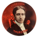 "GOOD LUCK/THURSTON" MAGICIAN'S PORTRAIT BUTTON WITH PAIR OF DEVIL ACCENTS.